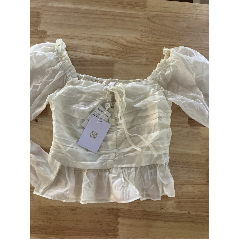 NEW WAYF Satin Cropped Tie Front Blouse Long Sleeve Crop Top S Ivory Elastic